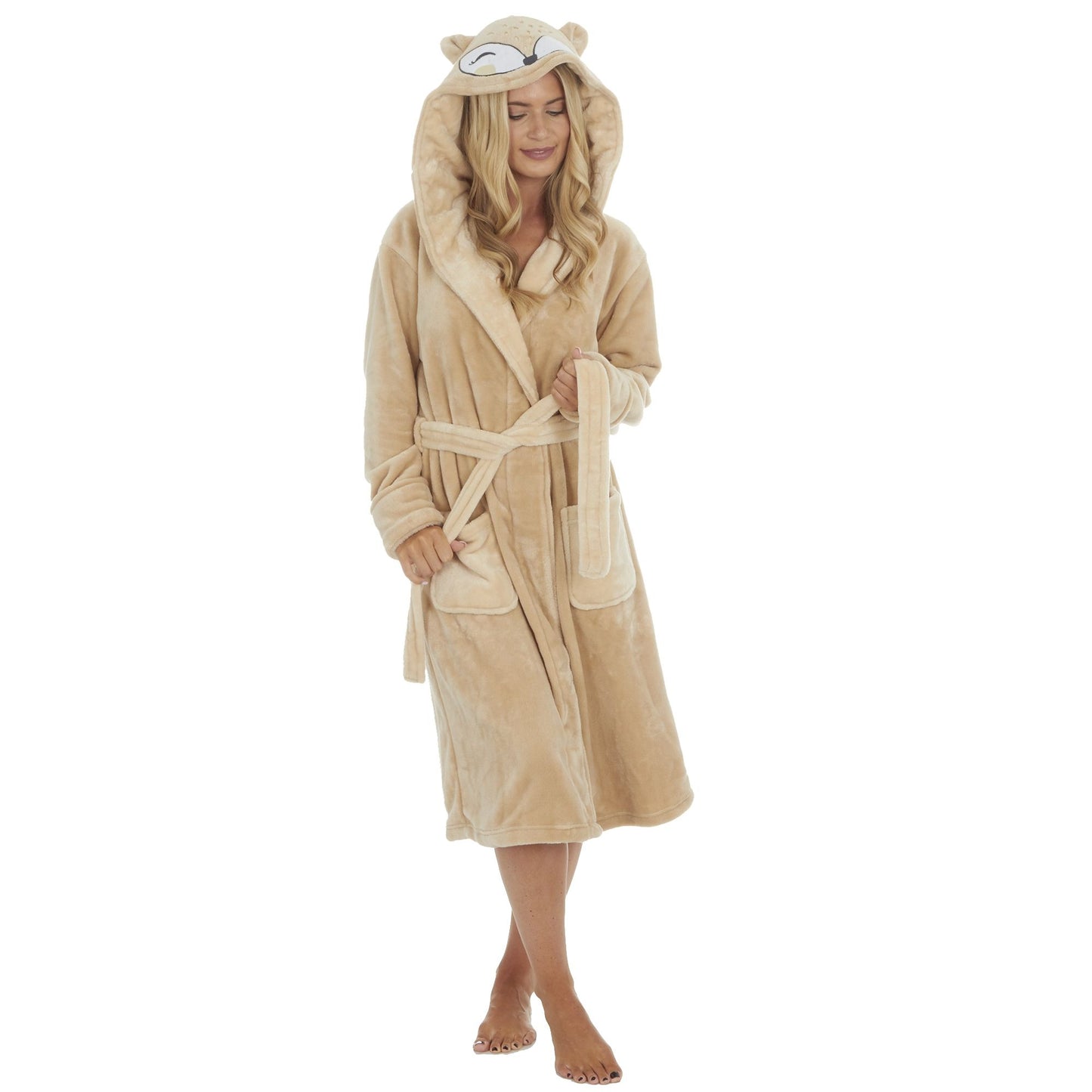 Ladies Fleece Dressing Gown with Fox Design Hood - S-XL