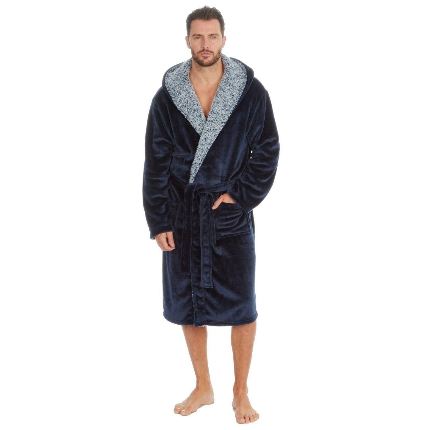 Mens Shimmer Finish Fleece Hooded Gown with Sherpa Trim ~ M-2XL