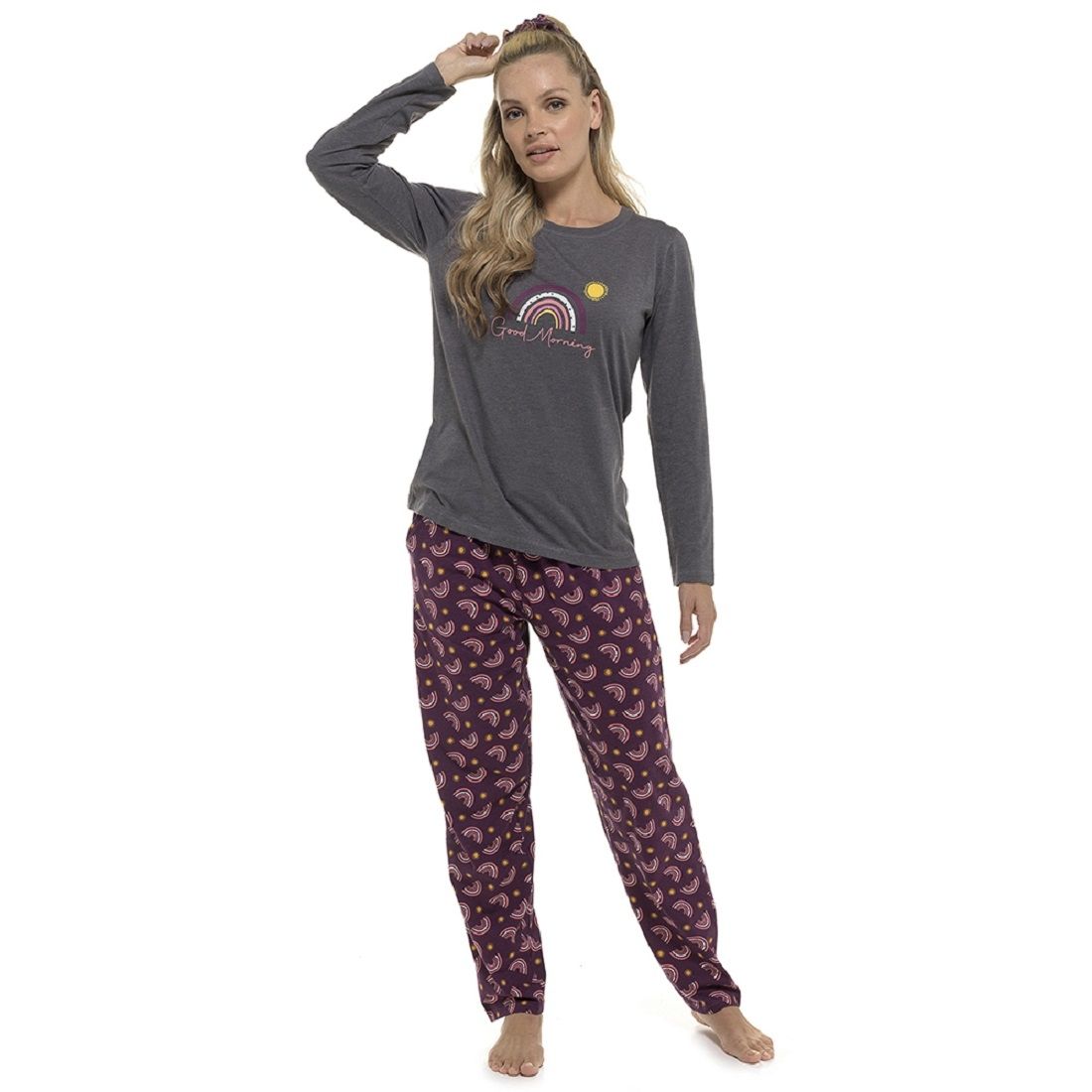 Ladies Rainbow Good Morning Pyjama Set with Matching Hair Scrunchie - S-XL