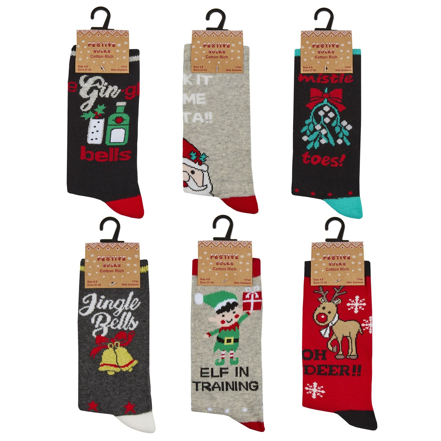 Adults 6 Pairs Christmas Socks on Single Carded Hangers