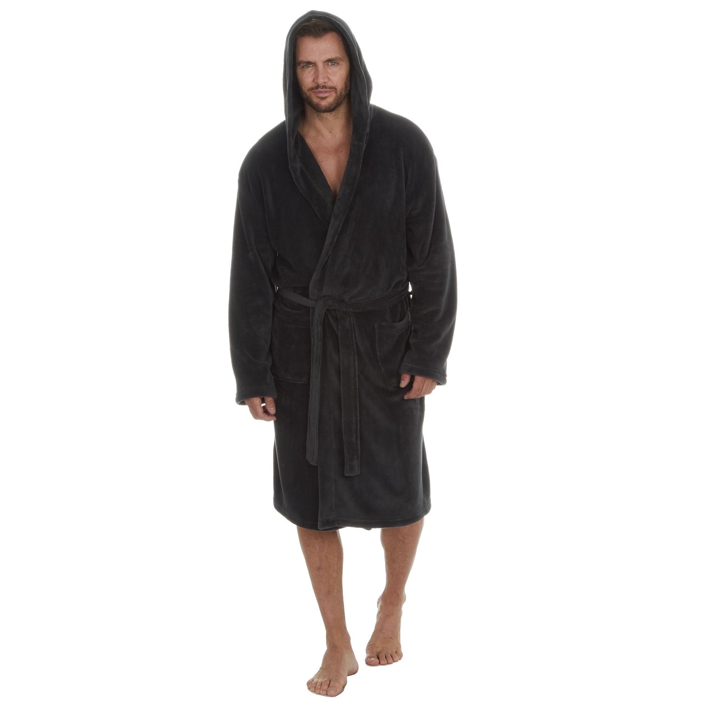 Mens Plain Coral Fleece Hooded Dressing Gown ~ M - 5XL