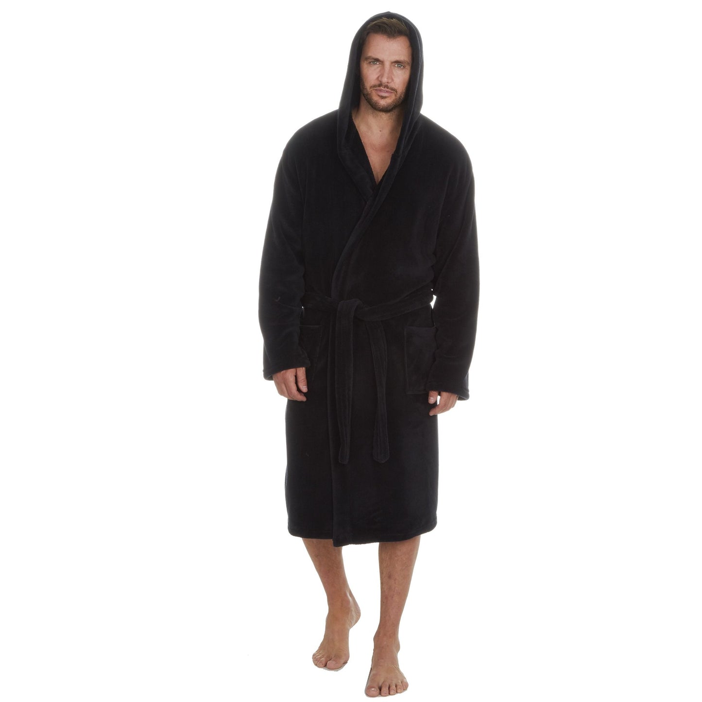 Mens Plain Coral Fleece Hooded Dressing Gown ~ M - 5XL