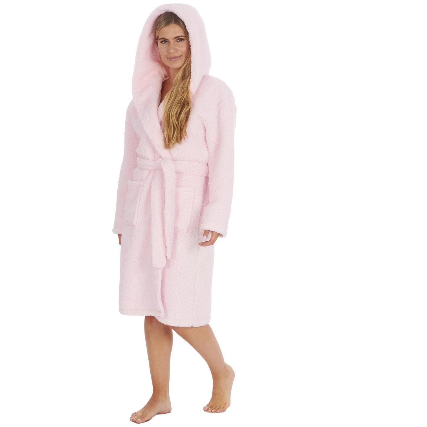 Ladies Plain Borg Fleece Warm Winter Hooded Dressing Gown ~ S-XL