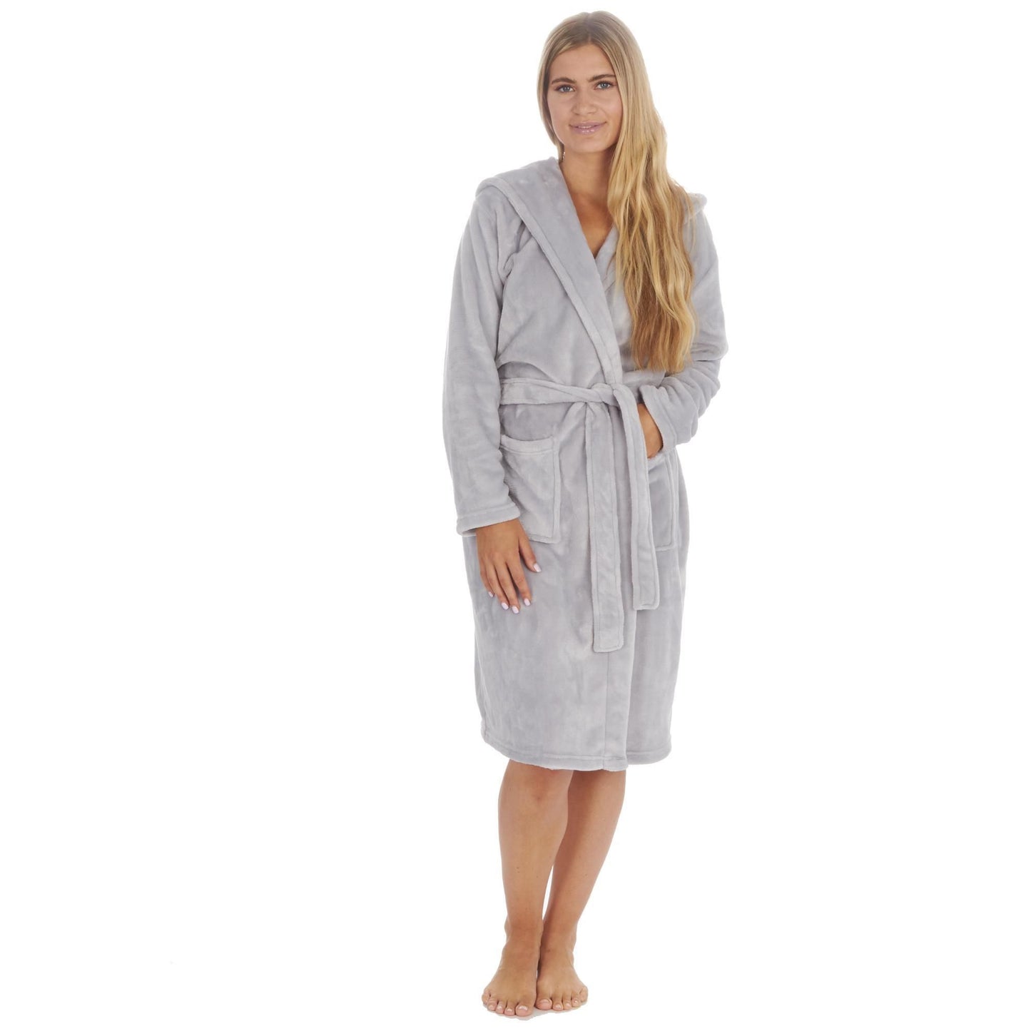 Ladies Plain Flannel Fleece Hooded Dressing Gown ~ S-XL