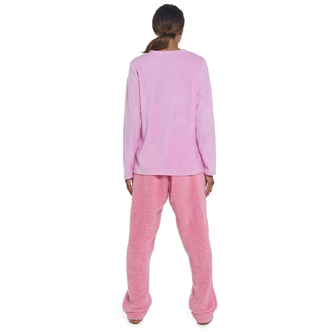 Ladies Pink Rabbit Fleece Pyjama Set with Sherpa Fleece Bottoms