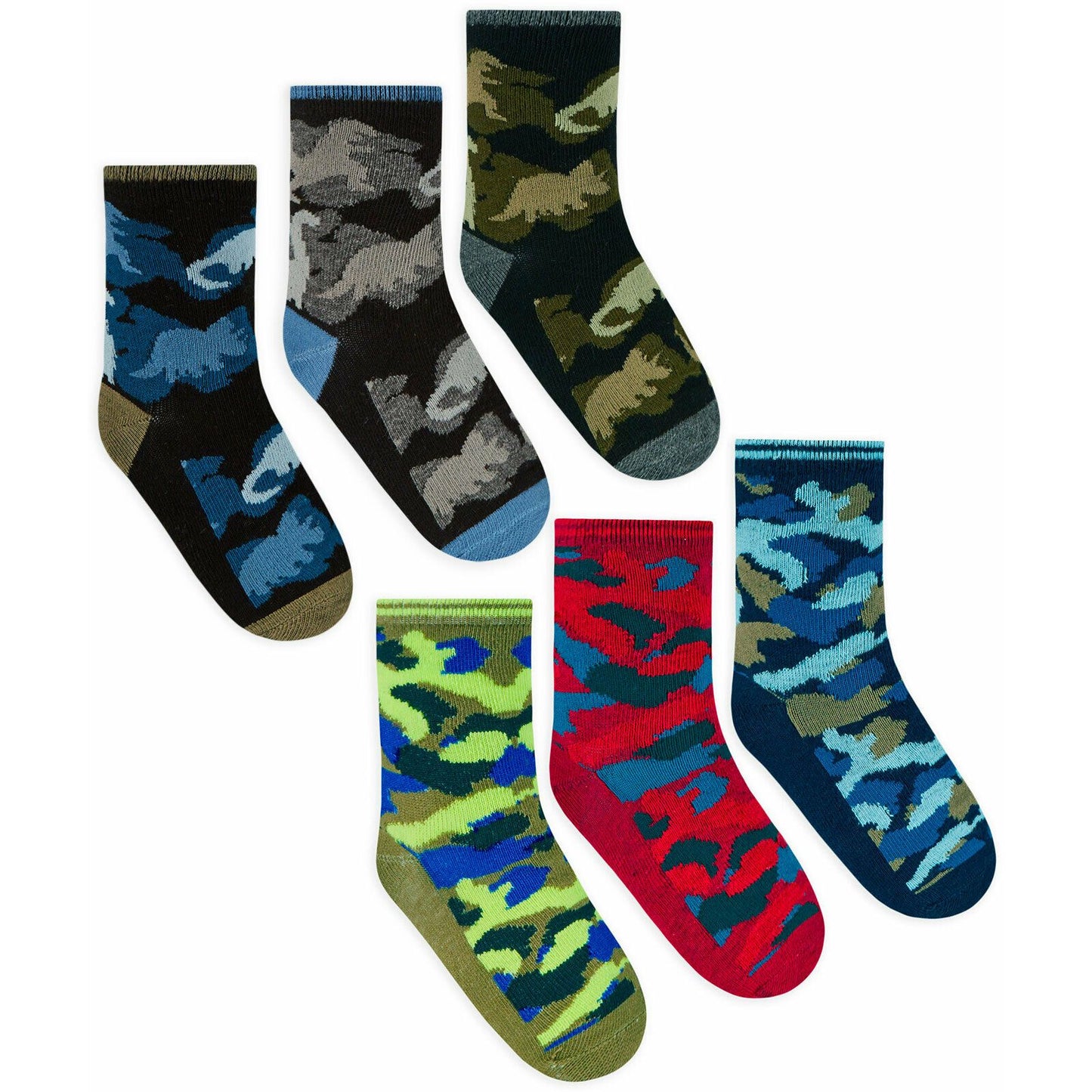 Childrens 6 Pairs Dinosaur and Camo Cotton Rich Socks