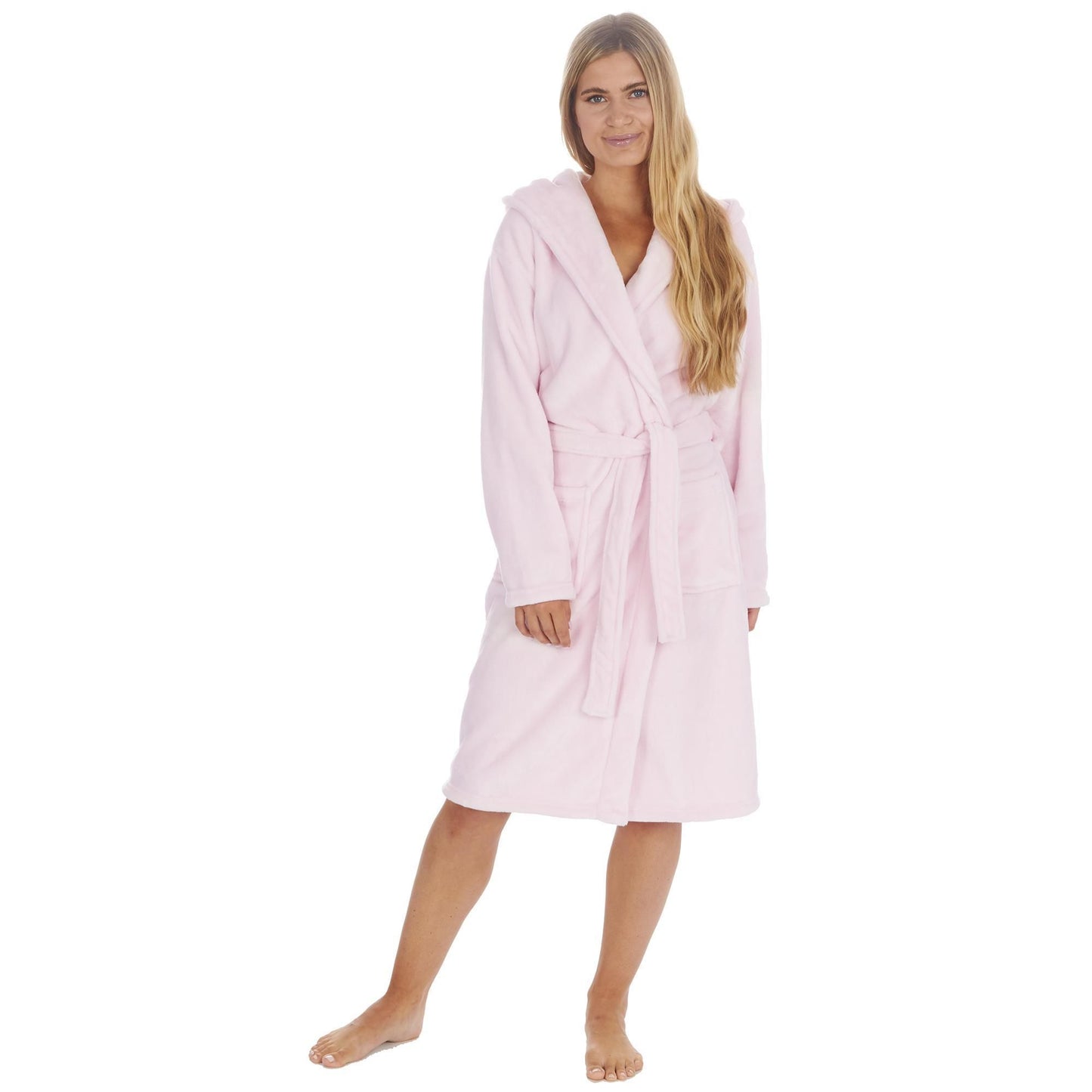 Ladies Plain Flannel Fleece Hooded Dressing Gown ~ S-XL