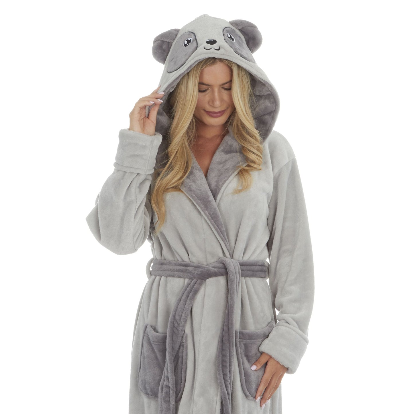Ladies Fleece Dressing Gown with Panda Design Hood ~ S-XL