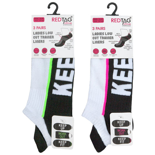 Ladies 3 Pk of Slogan Sole Low Cut Trainer Gym Socks