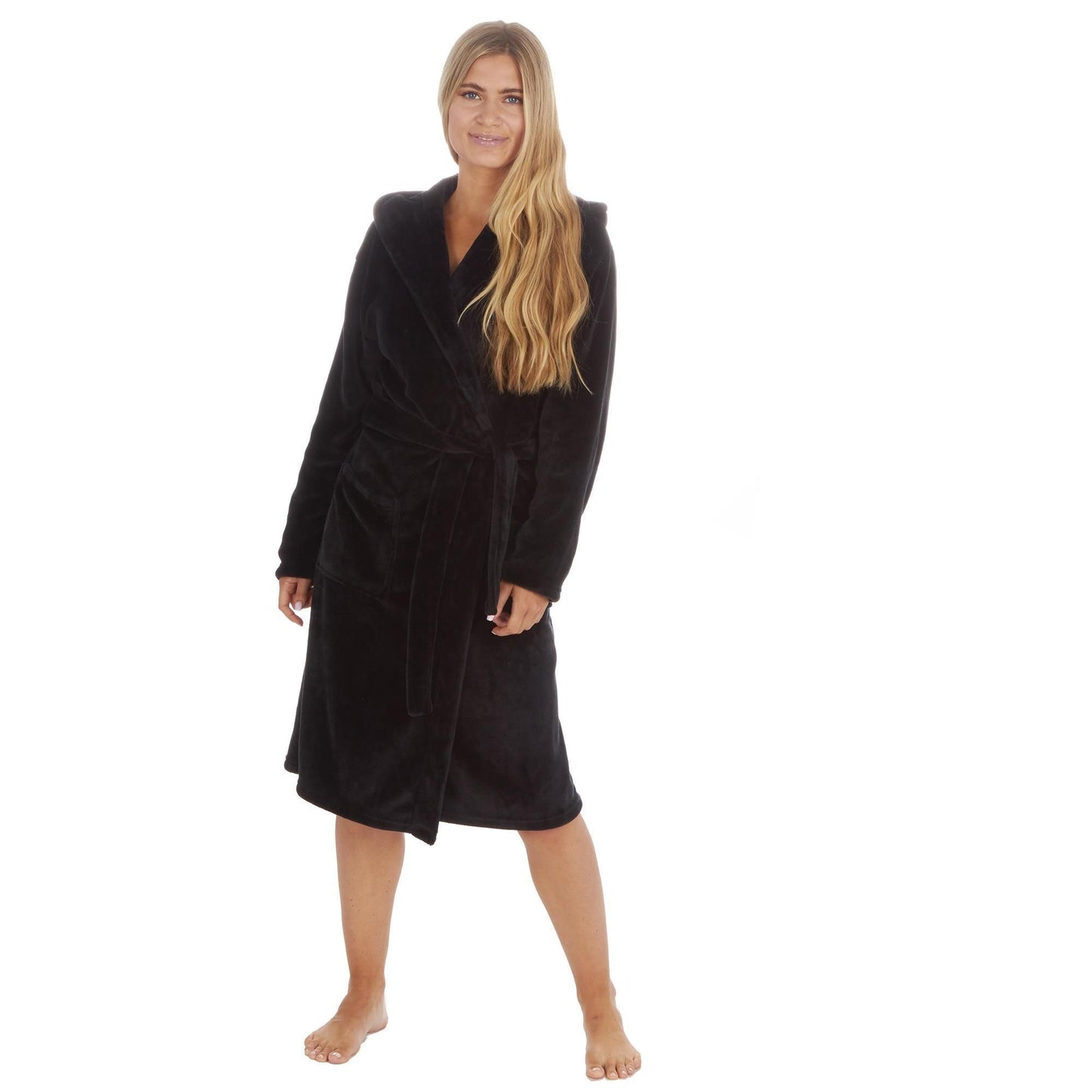 Ladies Plain Flannel Fleece Hooded Dressing Gown ~ S-XL