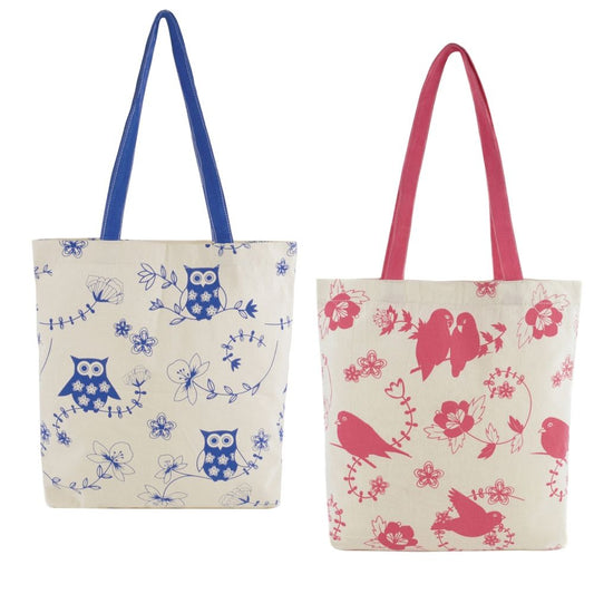 Cotton Canvas Bird Print Shopper Bag