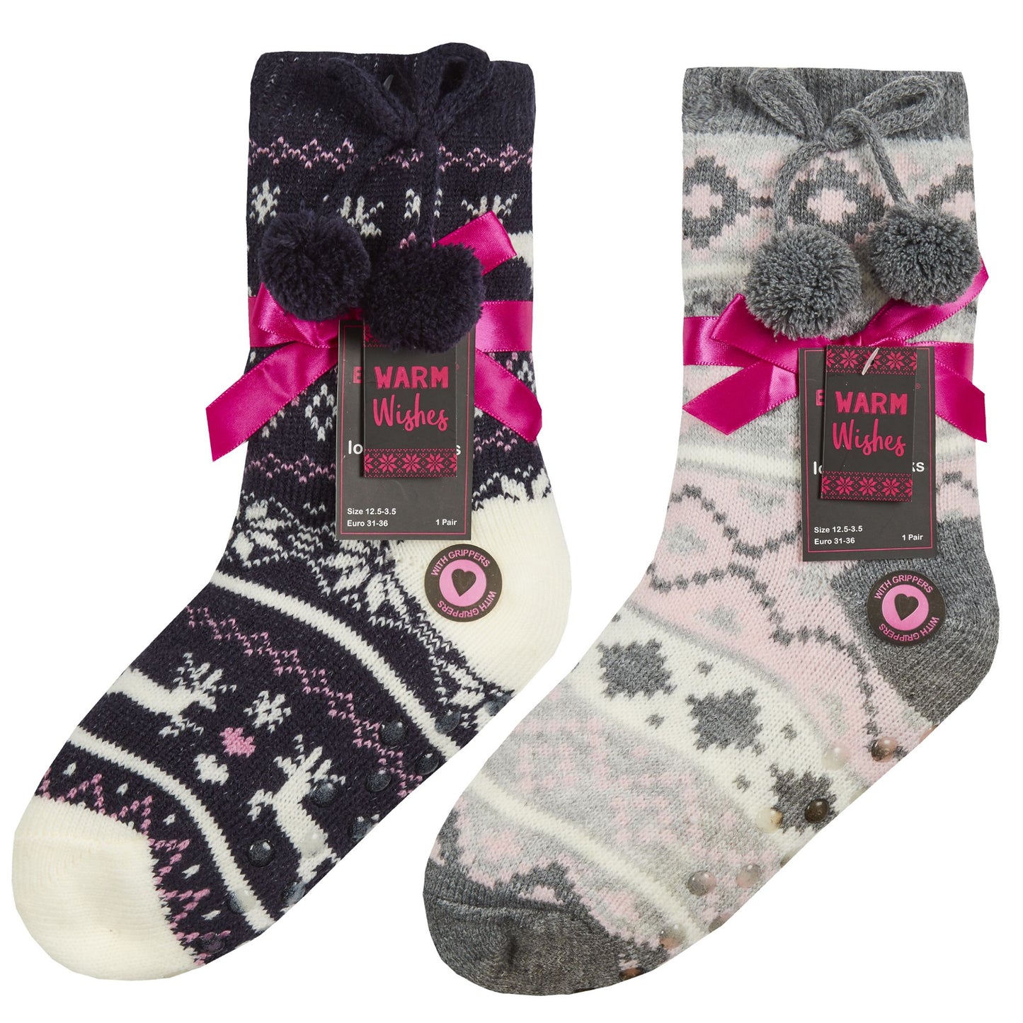 Girls 2 Pairs of Fairisle Slipper Socks With Full Soft Sherpa Fleece Lining
