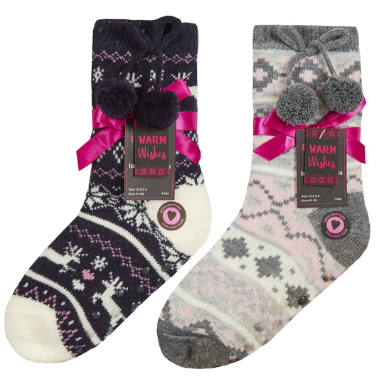 Girls 2 Pairs of Fairisle Slipper Socks With Full Soft Sherpa Fleece Lining