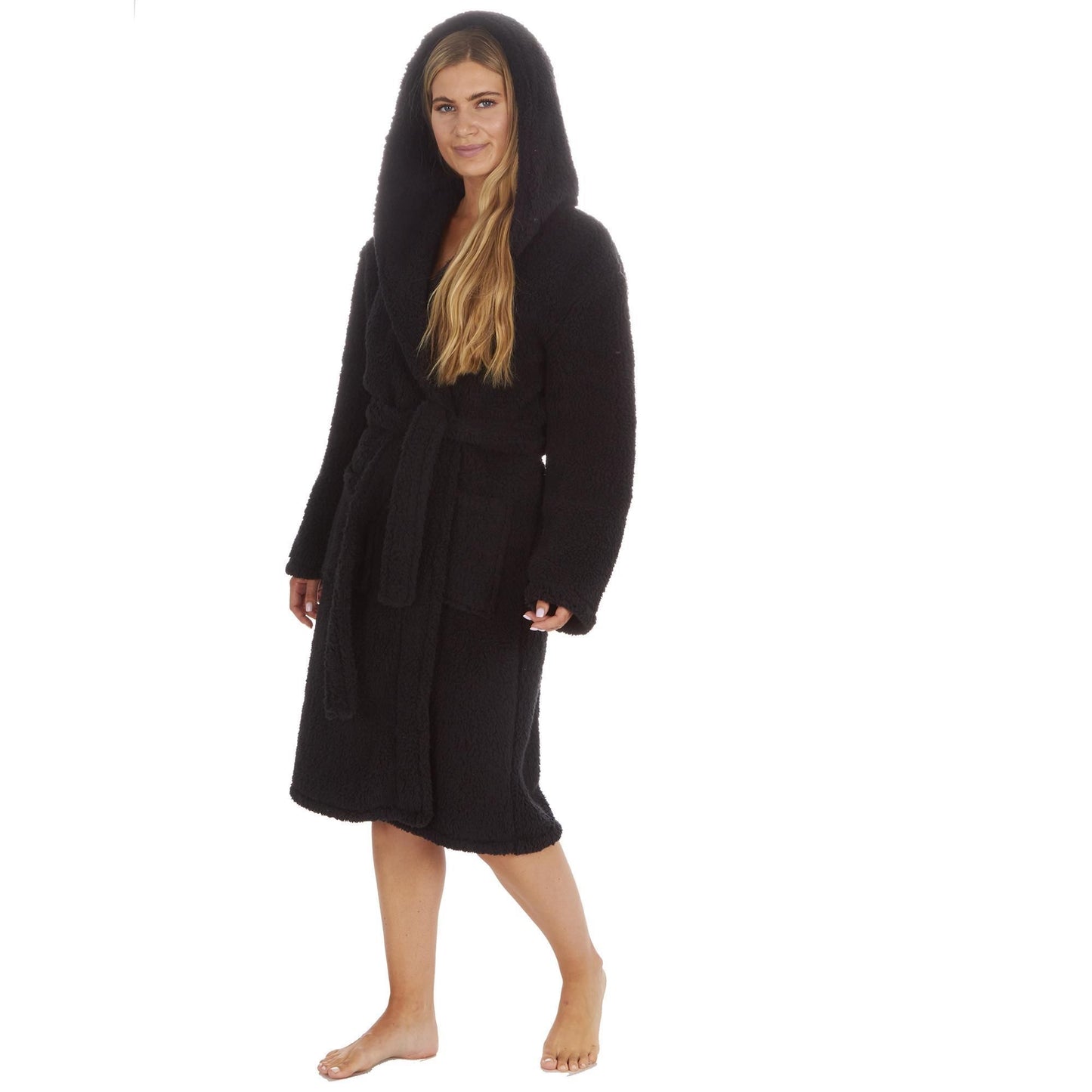 Ladies Plain Borg Fleece Warm Winter Hooded Dressing Gown ~ S-XL
