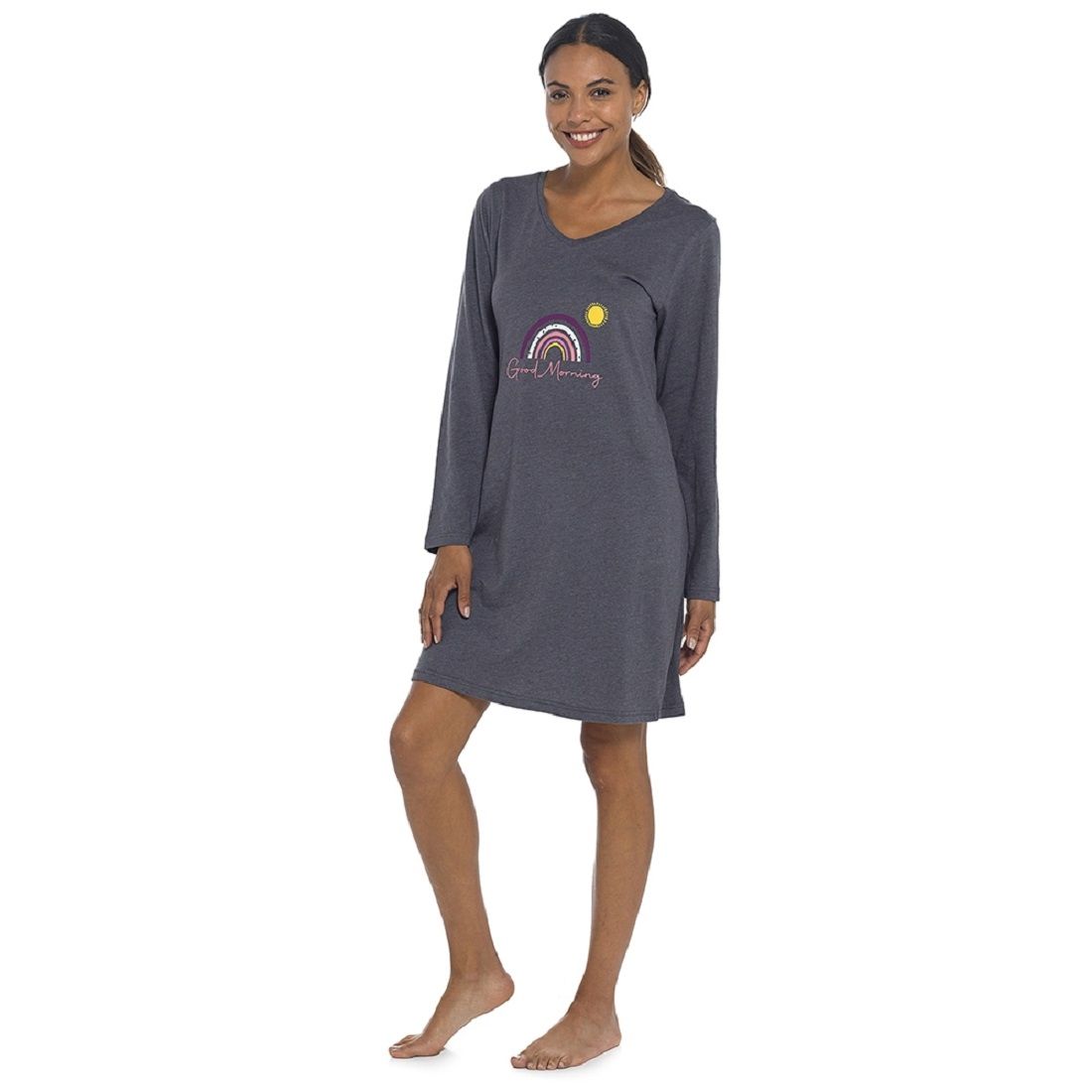 Ladies Rainbow Good Morning Print Long Sleeve Nightdress - S-XL