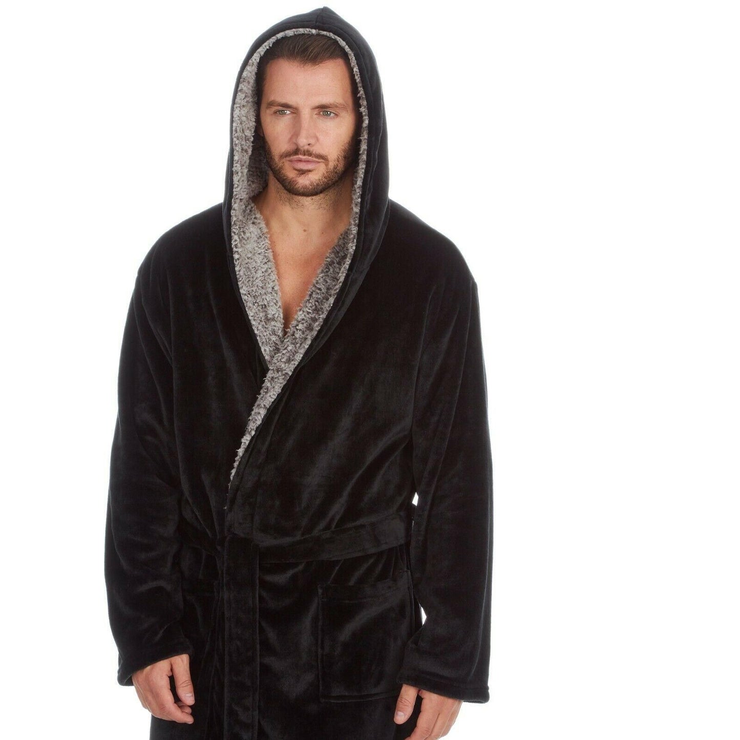 Mens Shimmer Finish Fleece Hooded Gown with Sherpa Trim ~ M-2XL