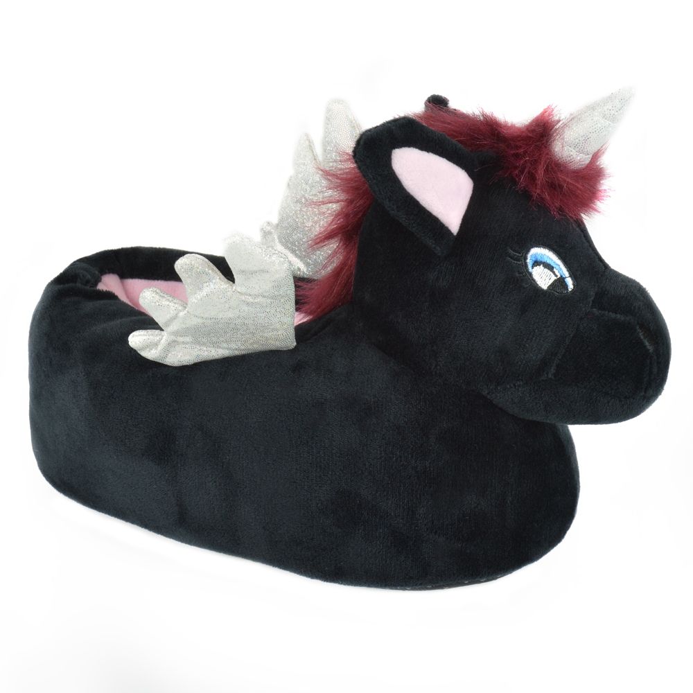 Ladies Novelty Plush Black Unicorn Slippers