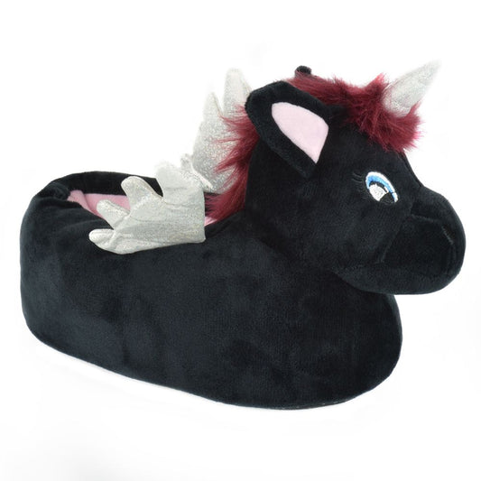 Ladies Novelty Plush Black Unicorn Slippers