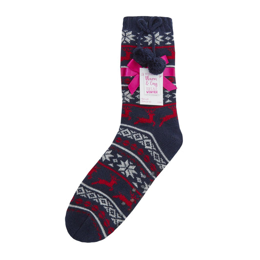 Ladies Knitted Christmas Design Slipper Socks