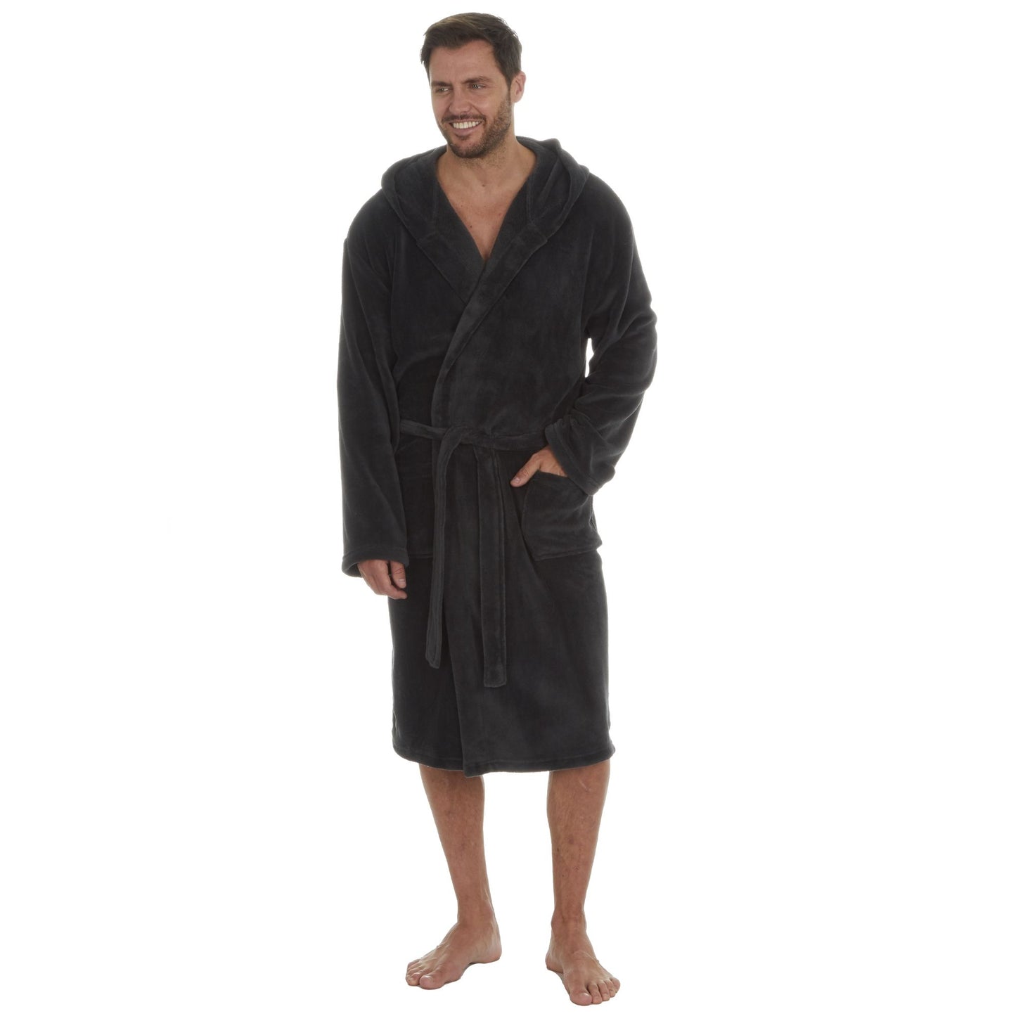 Mens Plain Coral Fleece Hooded Dressing Gown ~ M - 5XL