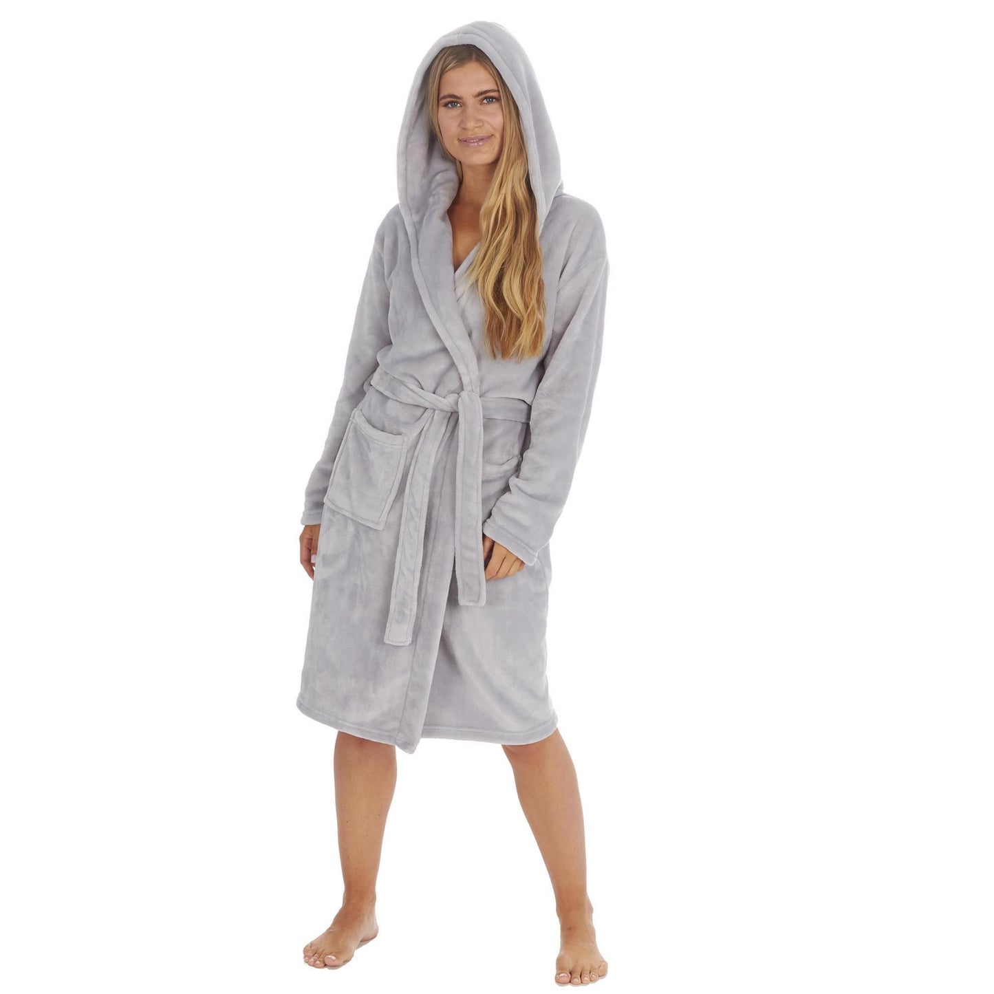 Ladies Plain Flannel Fleece Hooded Dressing Gown ~ S-XL