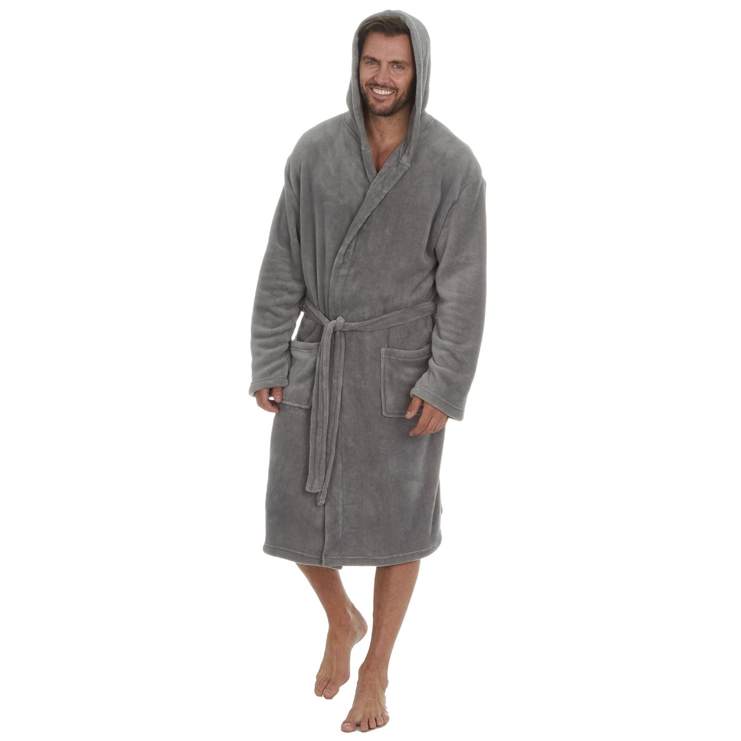Mens Plain Coral Fleece Hooded Dressing Gown ~ M - 5XL
