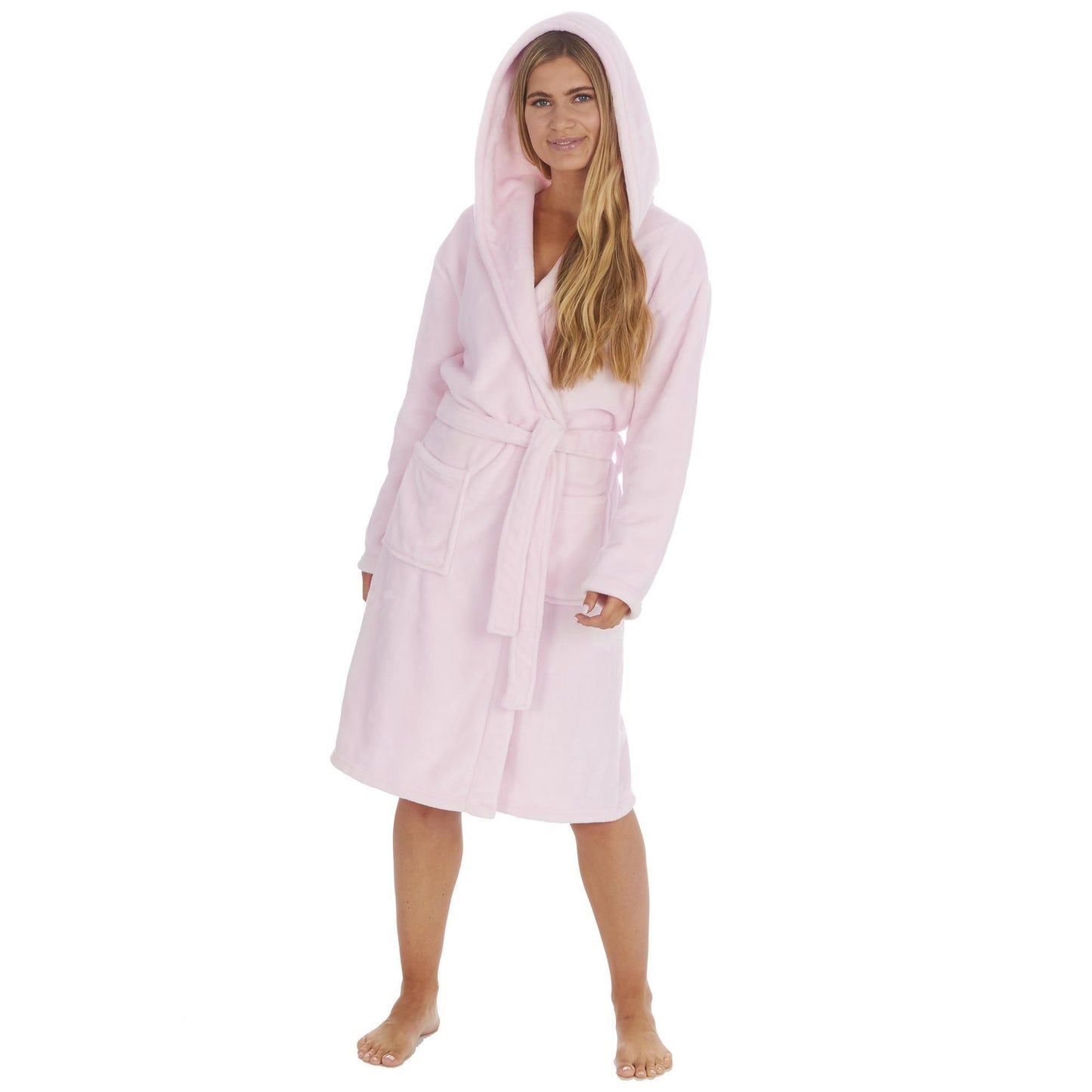 Ladies Plain Flannel Fleece Hooded Dressing Gown ~ S-XL