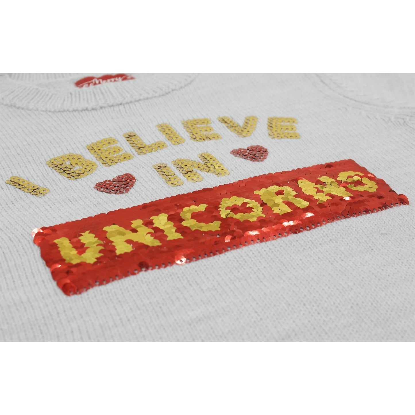 Childrens Knitted Reversible Sequin I Believe In Santa / Unicorns Christmas Jumper