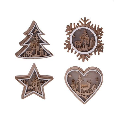 Set of 4 Wooden LED Christmas Tree Decorations