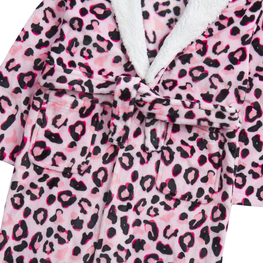 Childrens All Over Pink Leopard Print Fleece Dressing Gown
