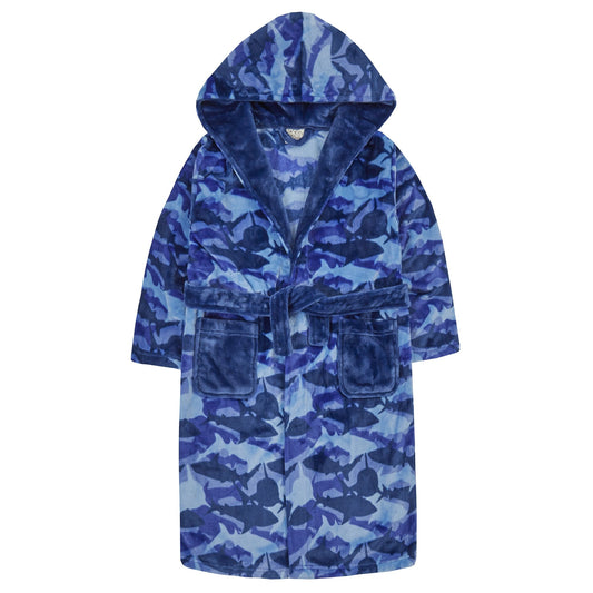 Childrens Fleece Dressing Gown Blue Shark Camo ~ 2-13 years