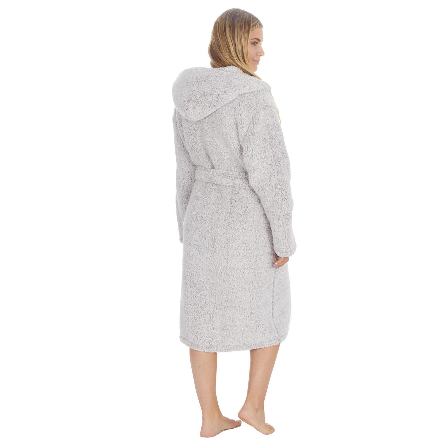 Ladies Plain Borg Fleece Warm Winter Hooded Dressing Gown ~ S-XL