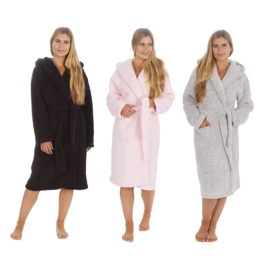 Ladies Plain Borg Fleece Warm Winter Hooded Dressing Gown ~ S-XL