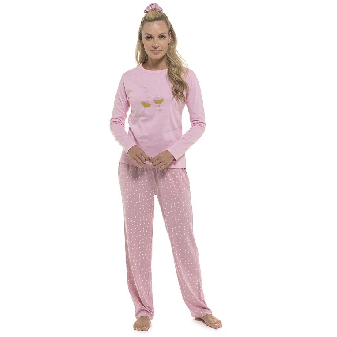 Ladies Pop Fizz Clink Pyjama Set with Matching Hair Scrunchie - S-XL