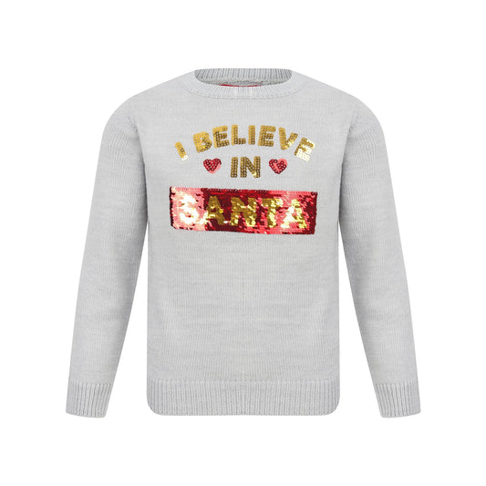 Childrens Knitted Reversible Sequin I Believe In Santa / Unicorns Christmas Jumper