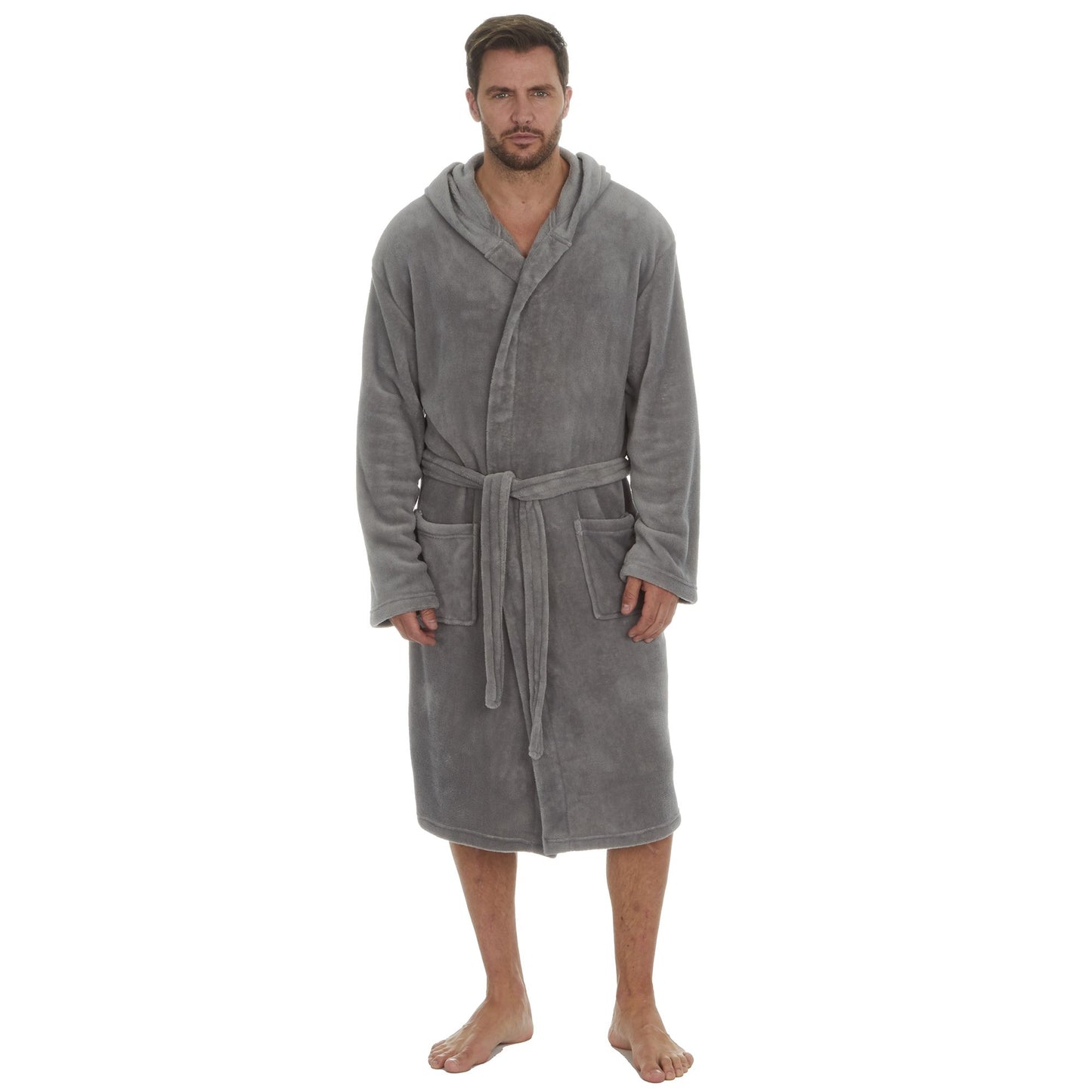 Mens Plain Coral Fleece Hooded Dressing Gown ~ M - 5XL