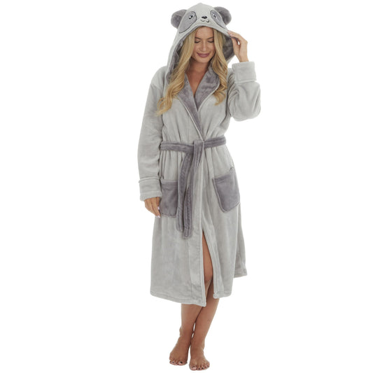 Ladies Fleece Dressing Gown with Panda Design Hood ~ S-XL