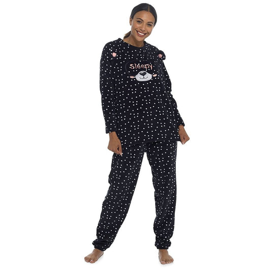 Ladies Microfleece Pyjama Set with Applique Panda Detail