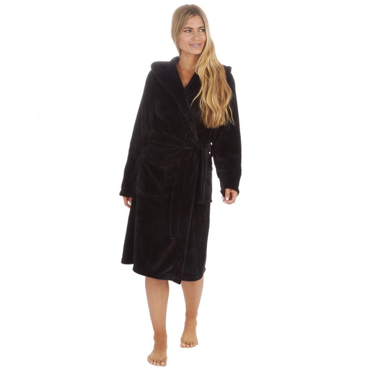Ladies Plain Flannel Fleece Hooded Dressing Gown ~ S-XL
