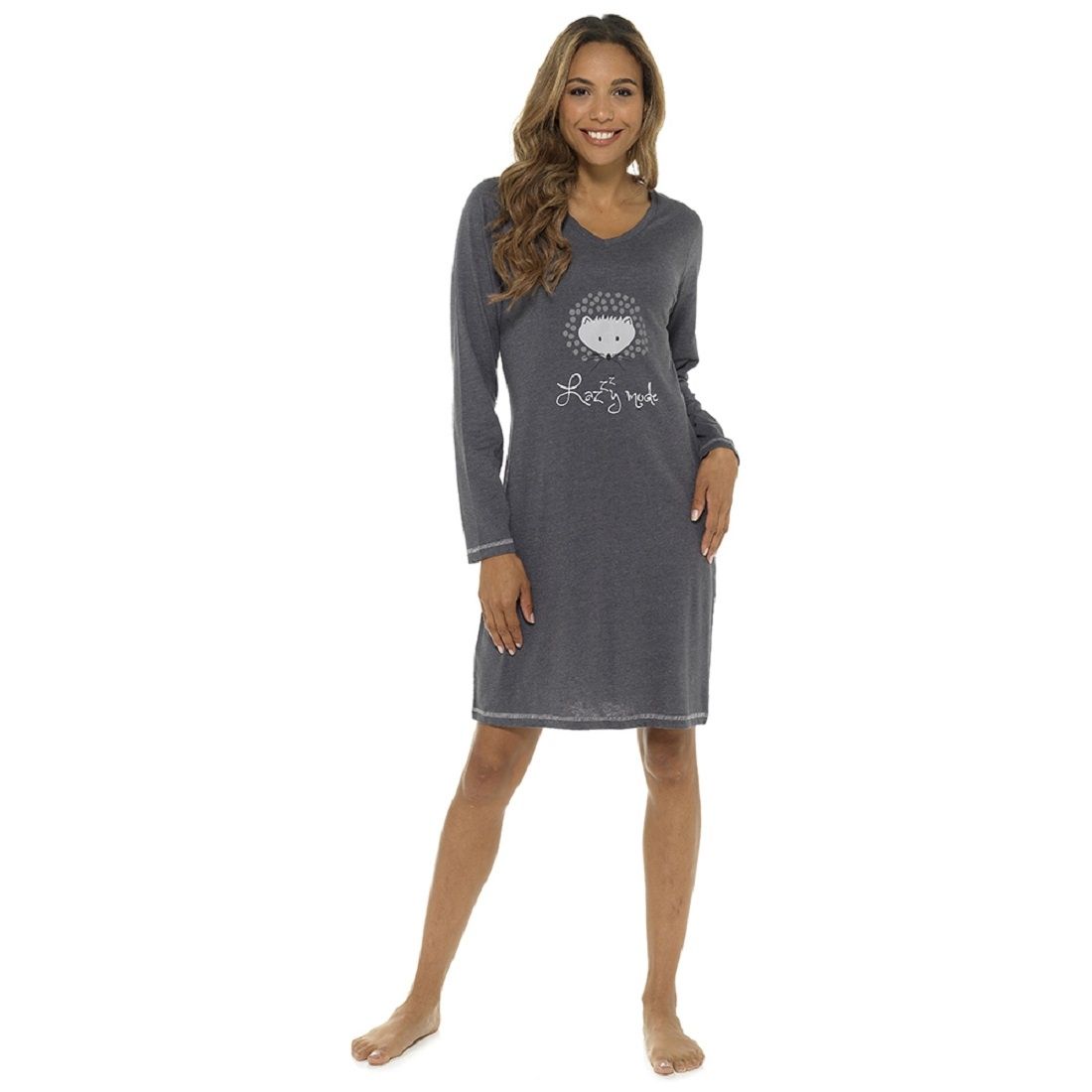 Ladies Lazy Mode Hedgehog Design Grey Nightdress ~ S-XL