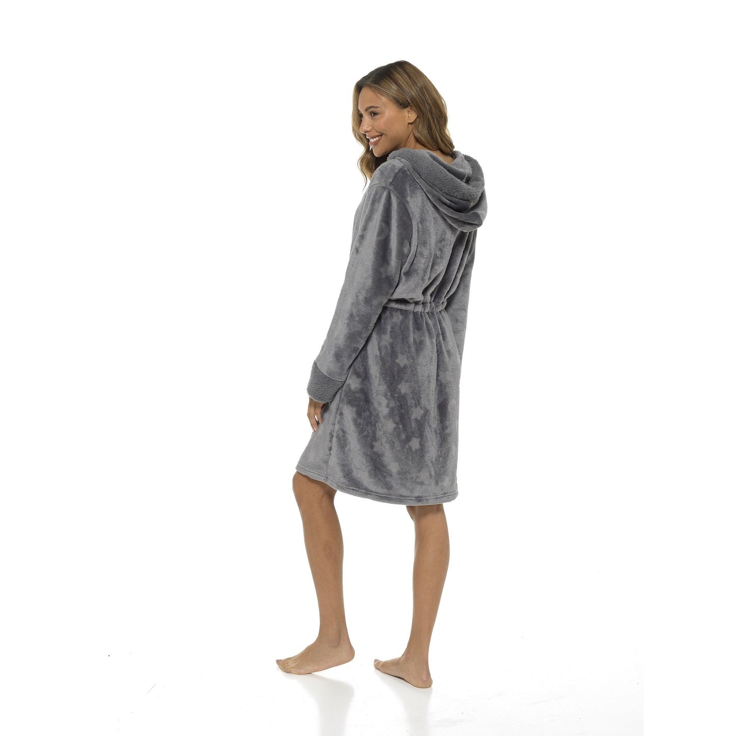 Ladies Moon & Star Embossed Grey Zip Front Robe with Sherpa Trim ~ S-XL