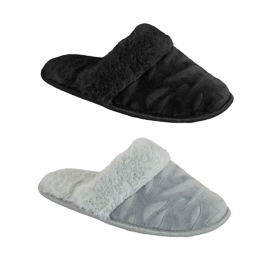 Ladies Faux Fur Lined Zebra Print Mule Slipper