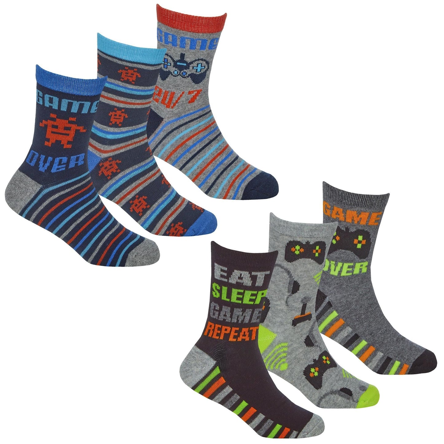 Childrens 6 Pairs Cotton Rich Gaming Design Socks