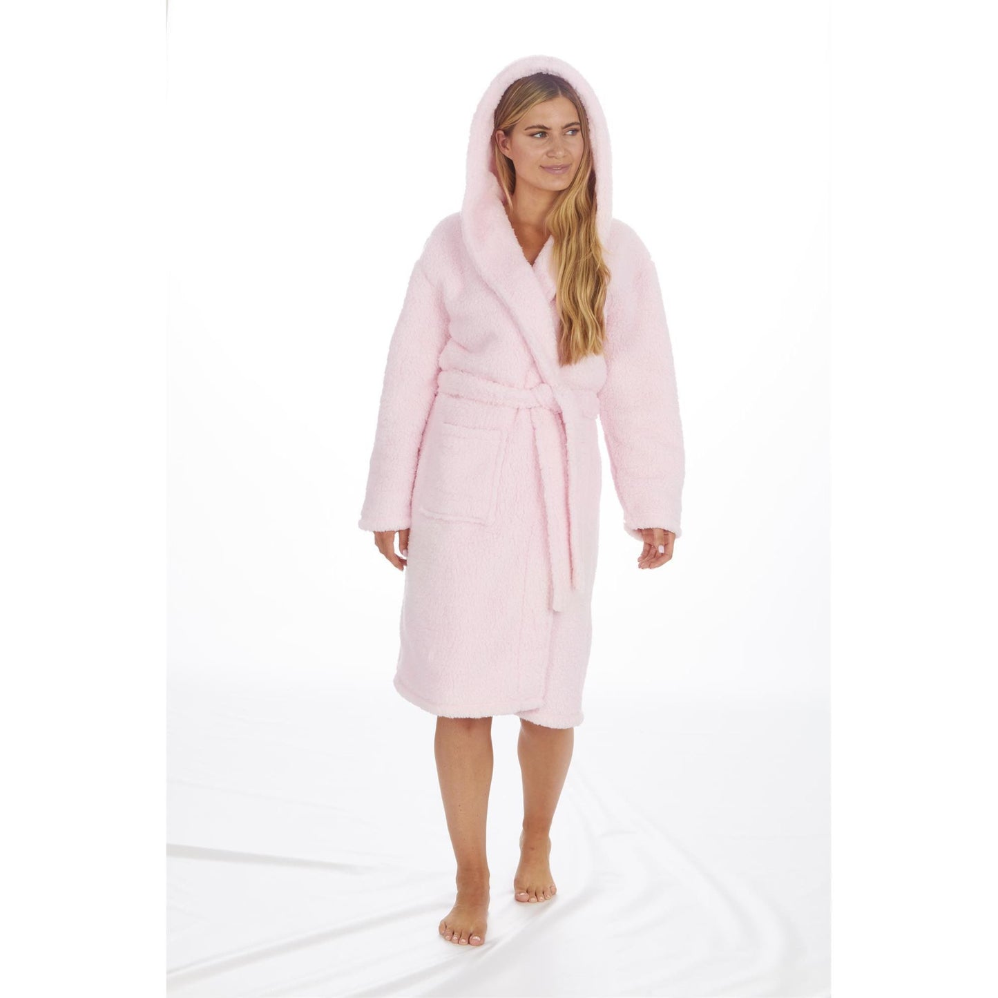 Ladies Plain Borg Fleece Warm Winter Hooded Dressing Gown ~ S-XL