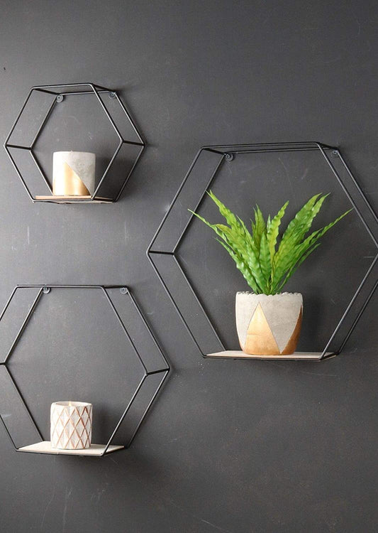 Set of 3 - Hexagon Wall Shelves - Metal and Wood Wire Frame