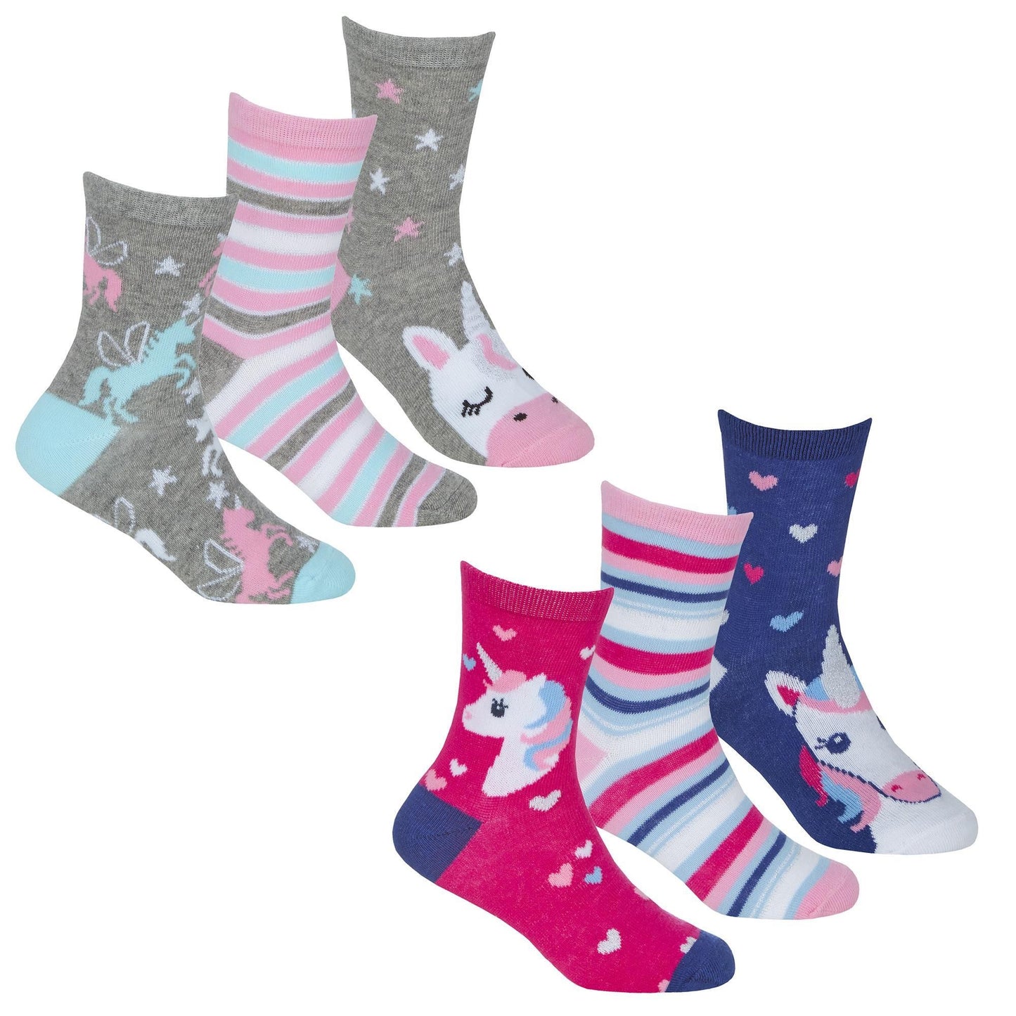 Childrens 6 Pairs Cotton Rich Unicorn Design Socks