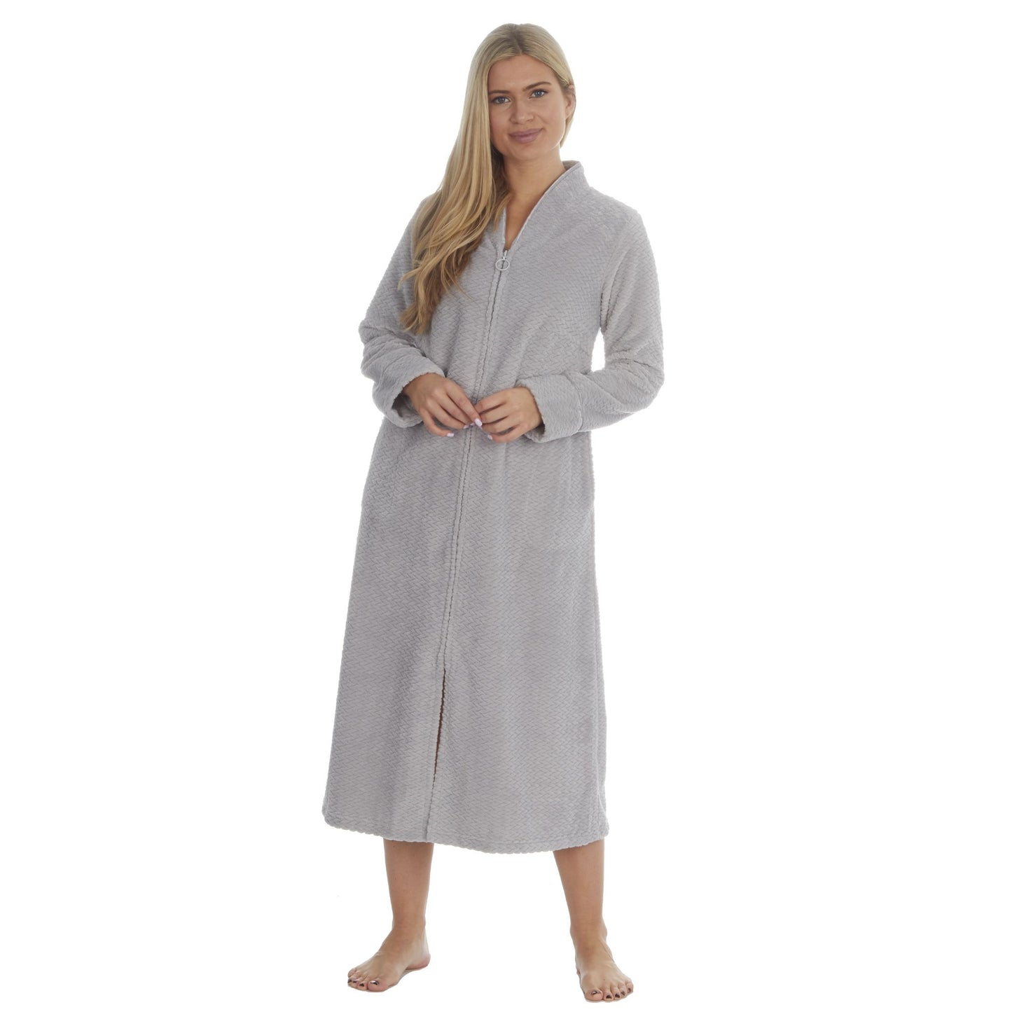 Ladies Zip Front Fleece Dressing Gown ~ S-XL