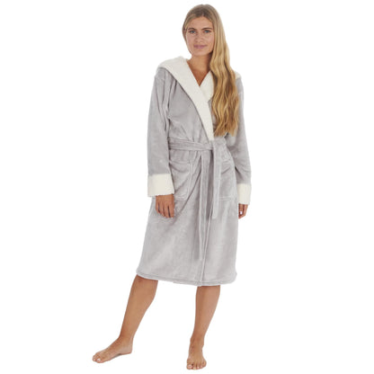 Ladies Soft Shimmer Effect Fleece Dressing Gown with Borg Fleece Trim ~ S-XL