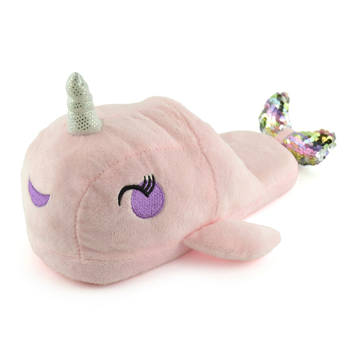 Ladies Plush Novelty Pink Narwhal Open Back Slippers