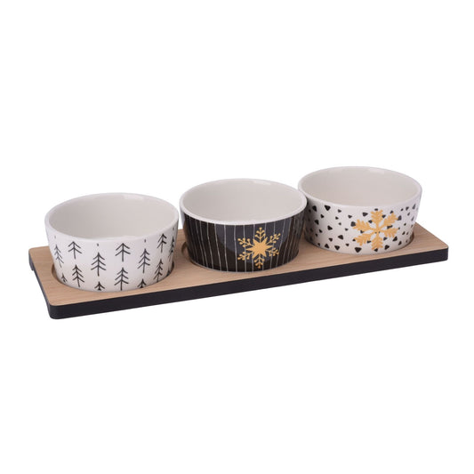 3 Black White and Gold Christmas Bowls on Bamboo Tray